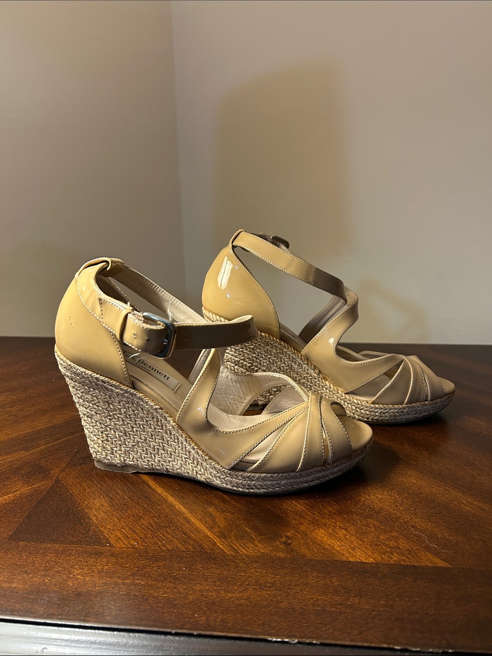L. K. Bennett Patent Nude Braided Wedge Heels